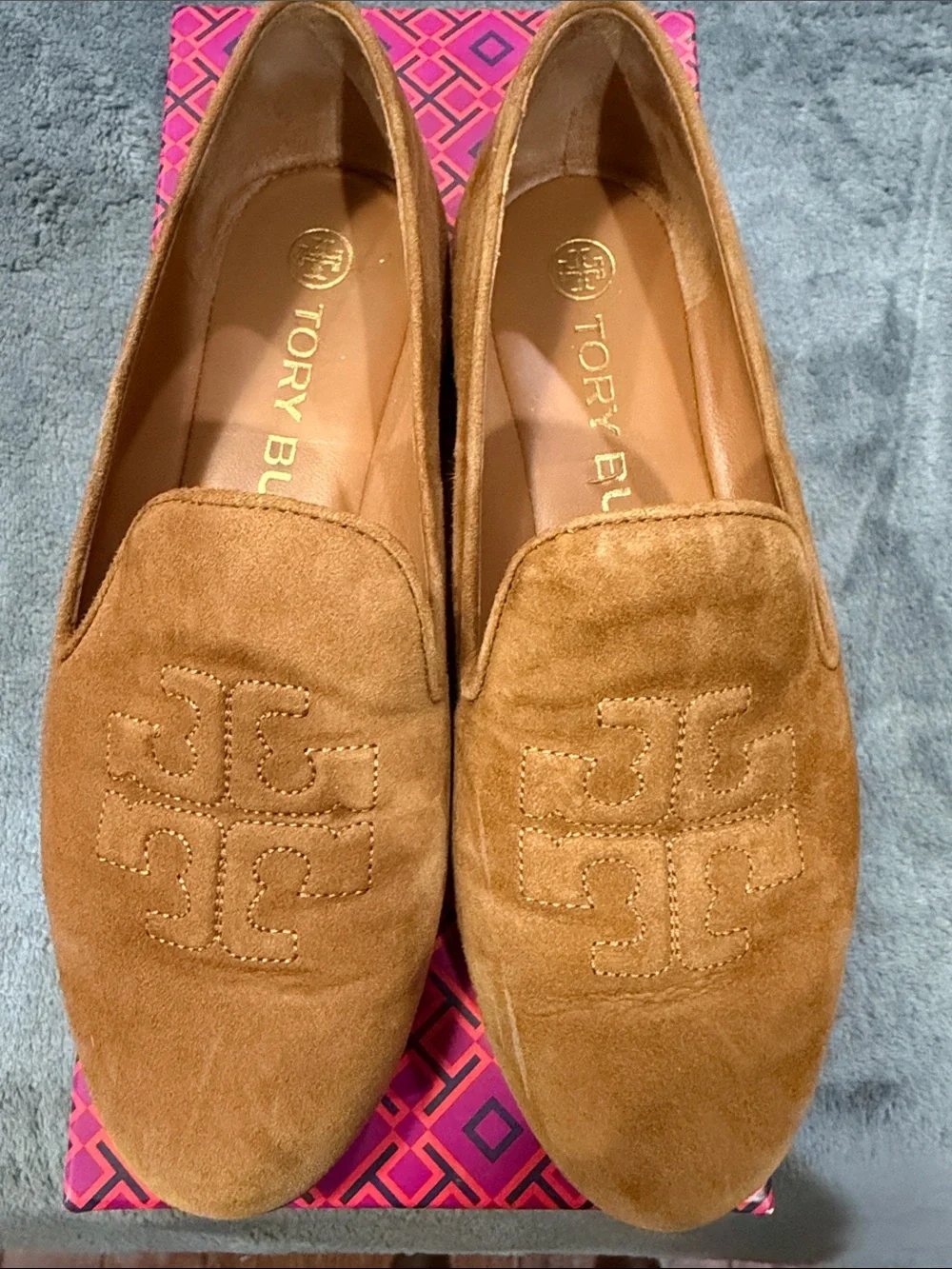 Tory Burch Camel Suede Slip-On Smoking Slipper